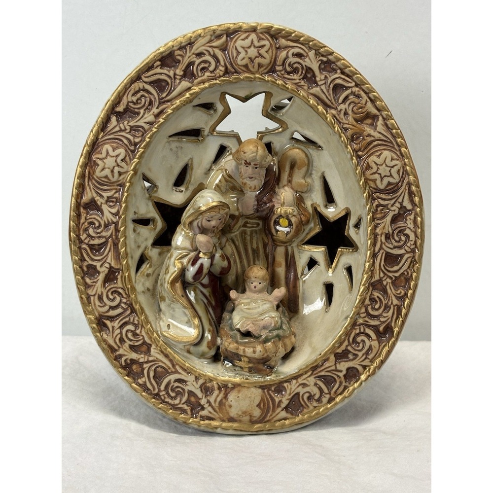 Ceramic Nativity Tea Light Holder Glazed Christmas Religious Votive
